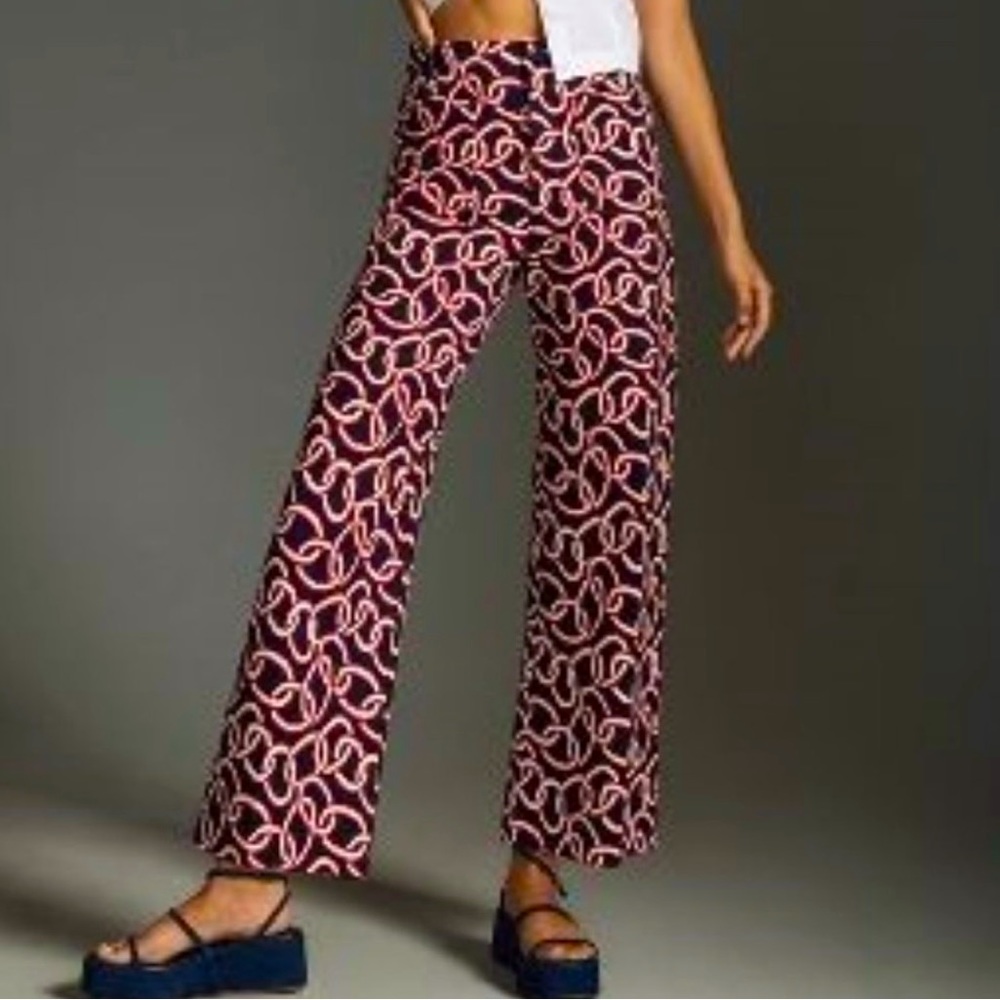 Anthropologie Pink Chain-Print Wide Leg Cropped Pants